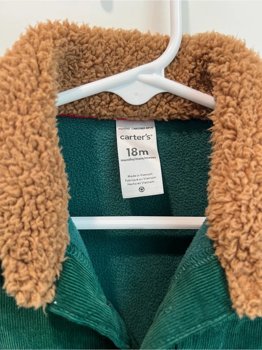 Carter’s Green Corduroy Sherpa-Lined One-Piece Romper Jumpsuit 18M